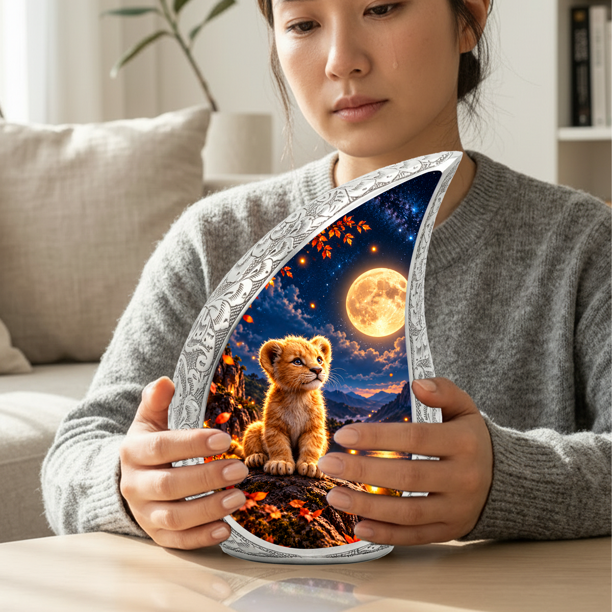 Kitten Urn for Ashes, Cat Cremation Urn with Moonlit Artwork for human Ashes