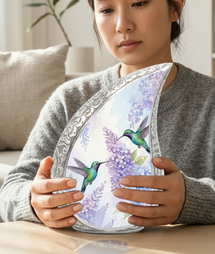 Personalized Hummingbird Cremation Urn – Custom Floral Memorial Urn for Ashes, Lavender Flower Teardrop Aluminum Adult Urn, 10 Inch