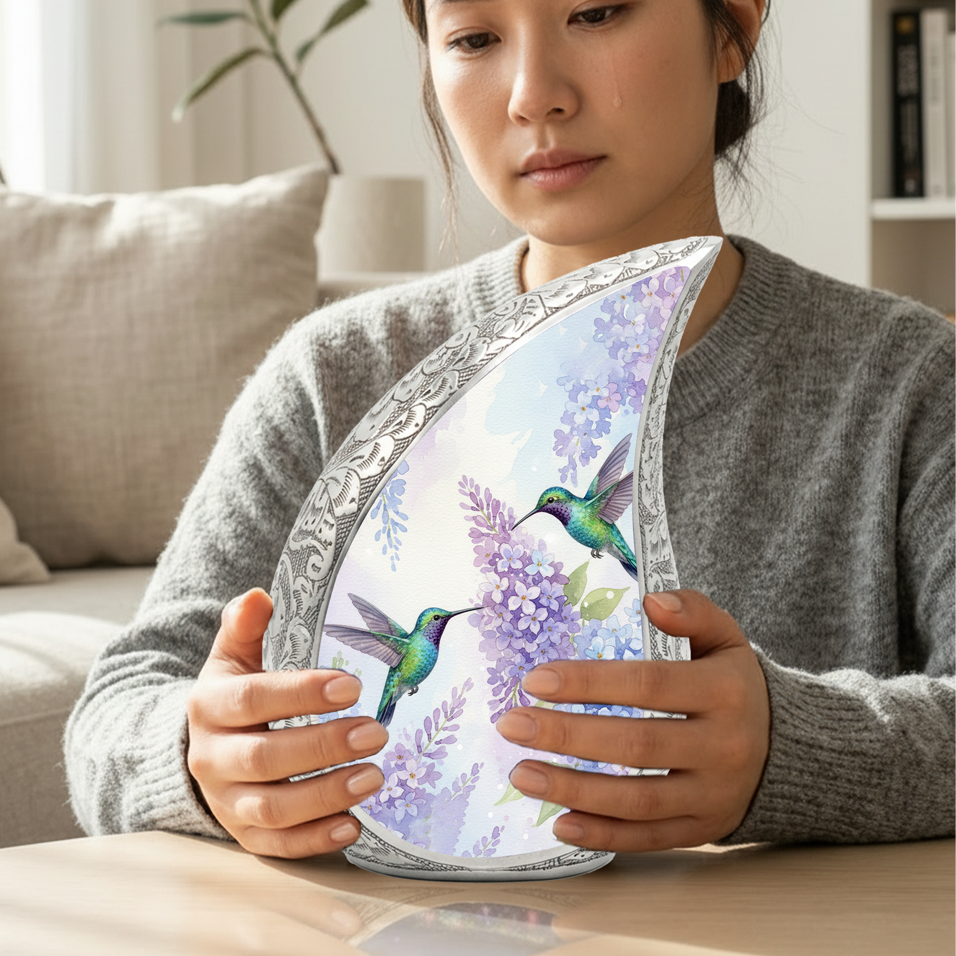 Personalized Hummingbird Cremation Urn – Custom Floral Memorial Urn for Ashes, Lavender Flower Teardrop Aluminum Adult Urn, 10 Inch