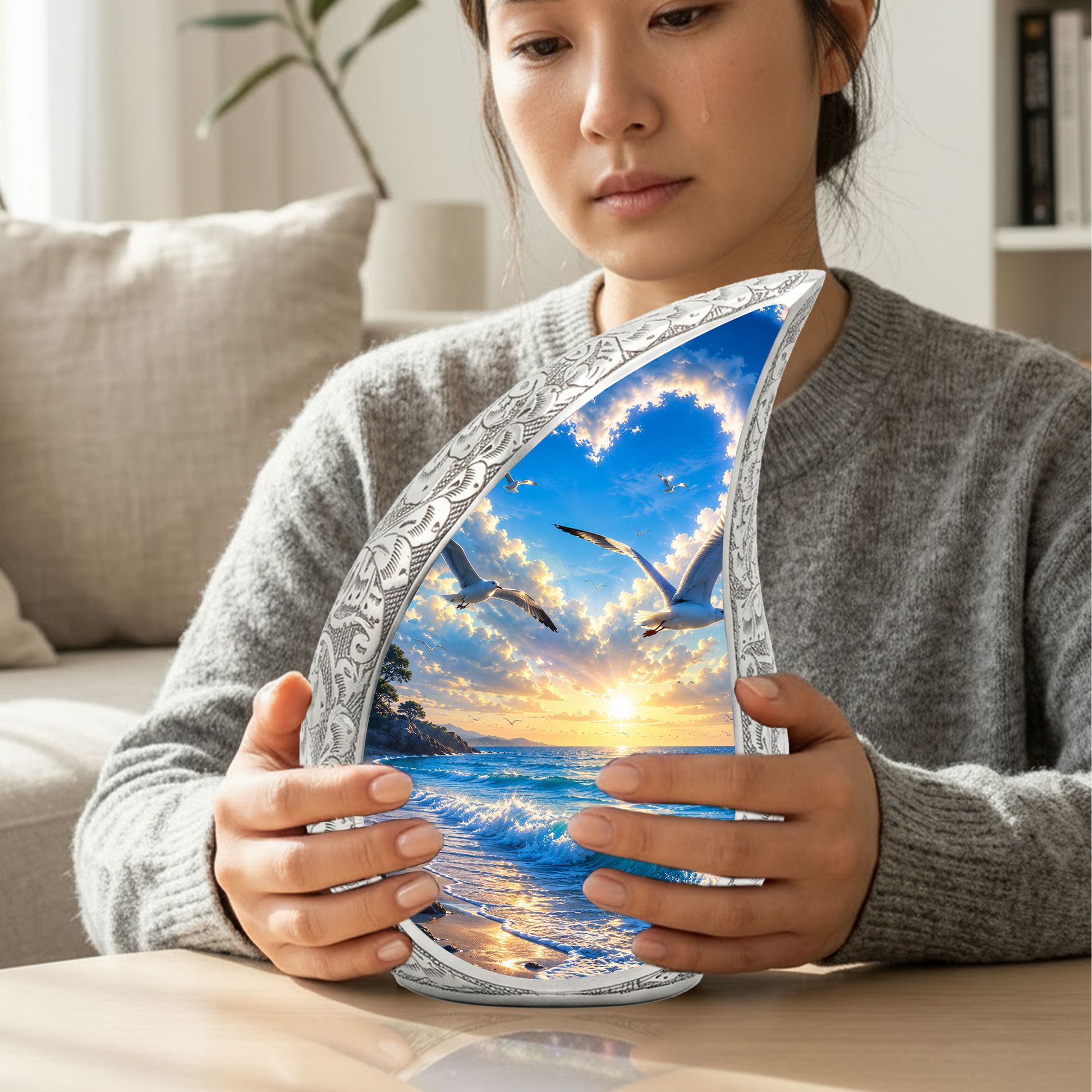Beach Cremation Urn for Human Ashes | Wooden Beach Urn, Ocean Wave Urn & Beautiful Adult Urn for Mom and Loved Ones