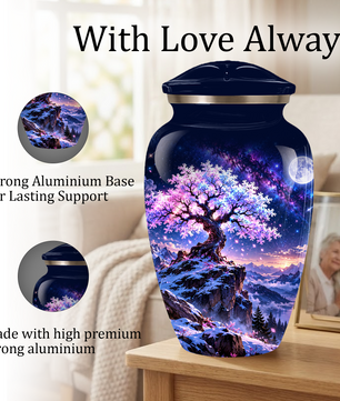 Personalized Adult Cremation Urn for Ashes, Pink Cherry Blossom Tree Memorial Urn, Custom Aluminum Urn