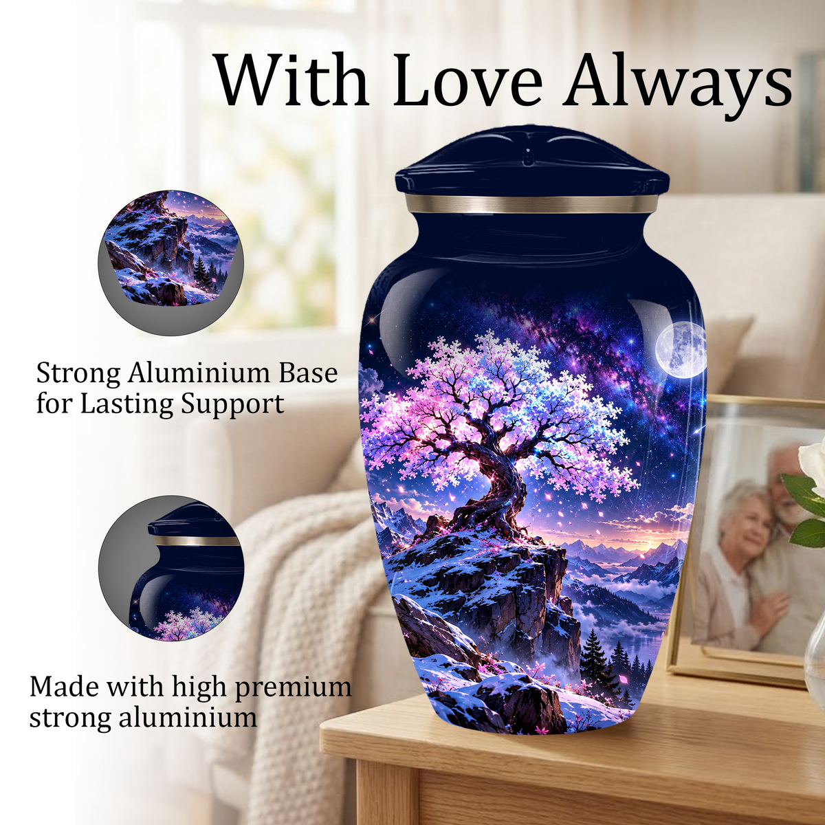 Personalized Adult Cremation Urn for Ashes, Pink Cherry Blossom Tree Memorial Urn, Custom Aluminum Urn
