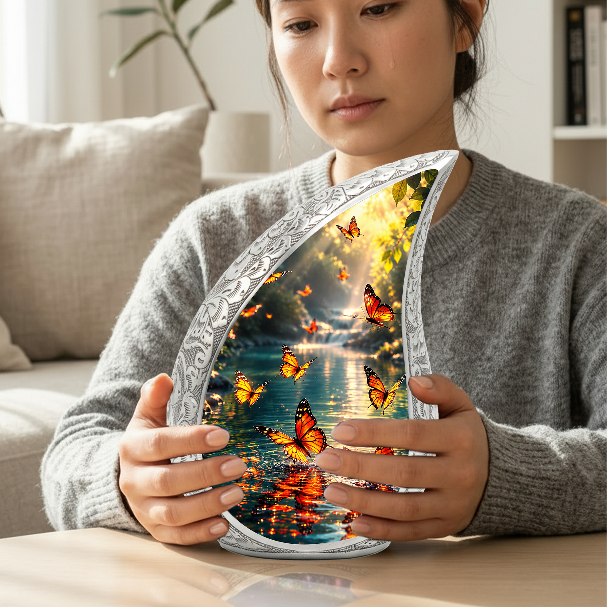Yellow Butterfly Sunrise Urn for Human Ashes | Butterfly Cremation Urn