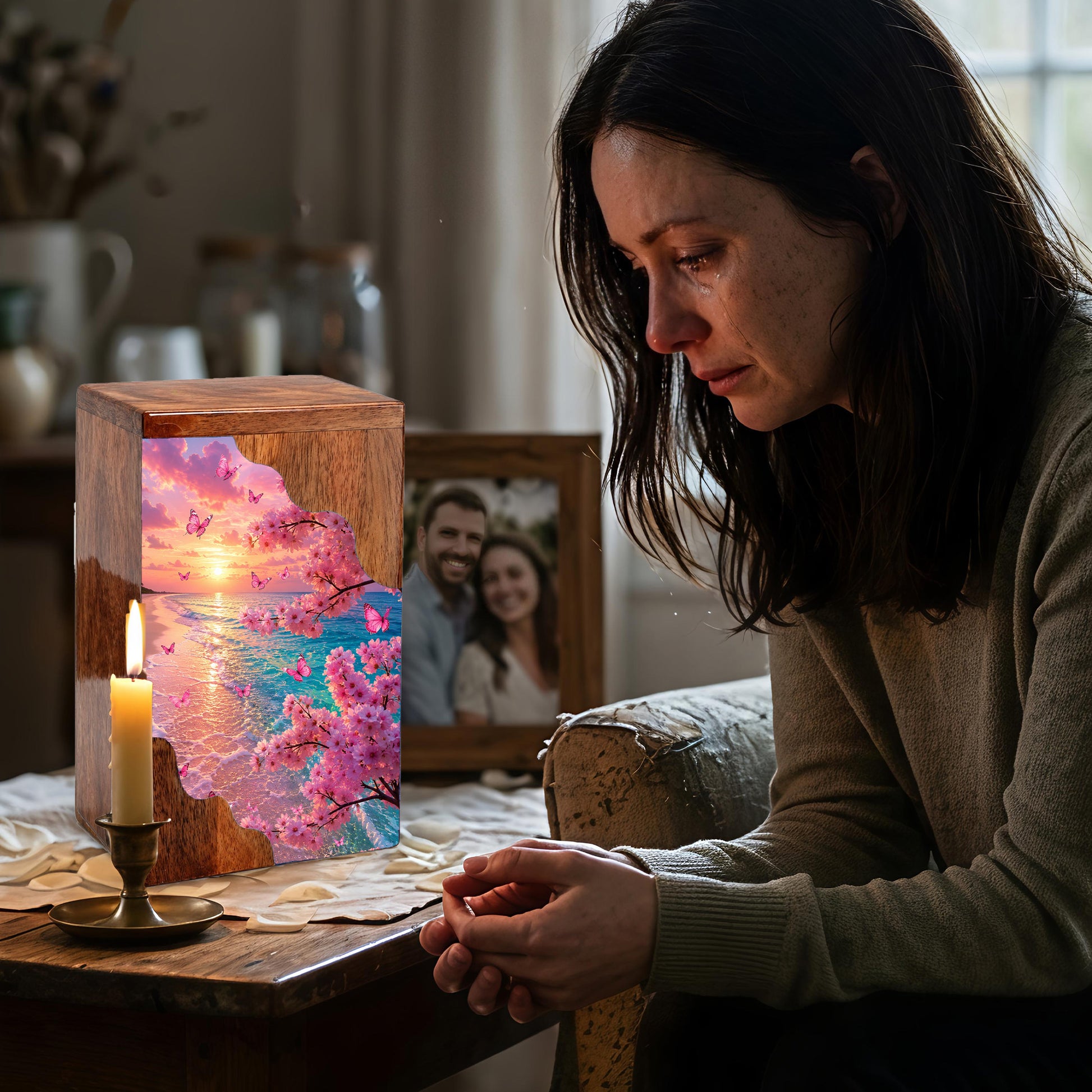 Cherry Blossom Butterfly Wooden Cremation Urn for Mom | Personalized Wooden Urn for Human Ashes