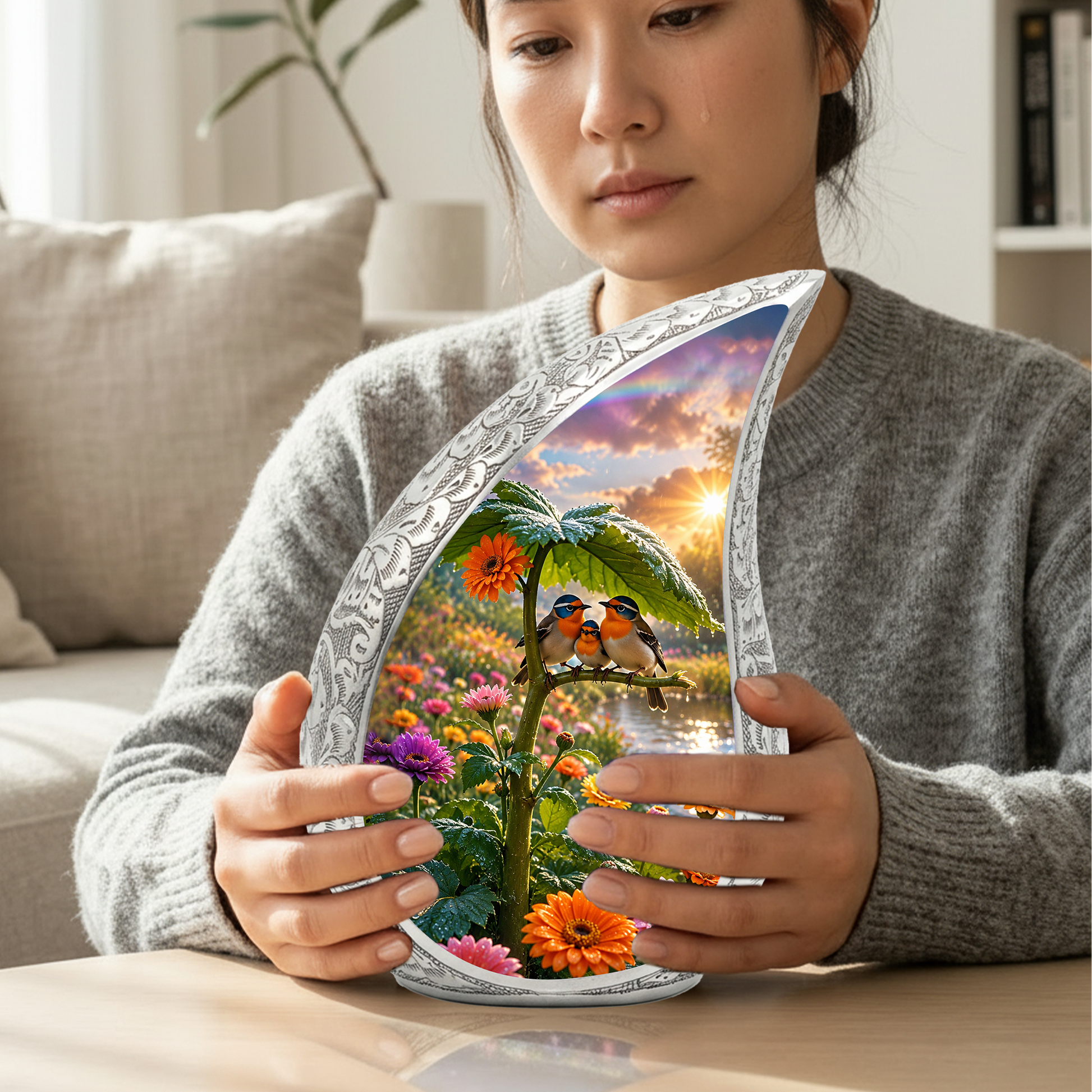 Bird Family Garden Adult Urn – Floral Nature Adult Cremation Urn for Human Ashes