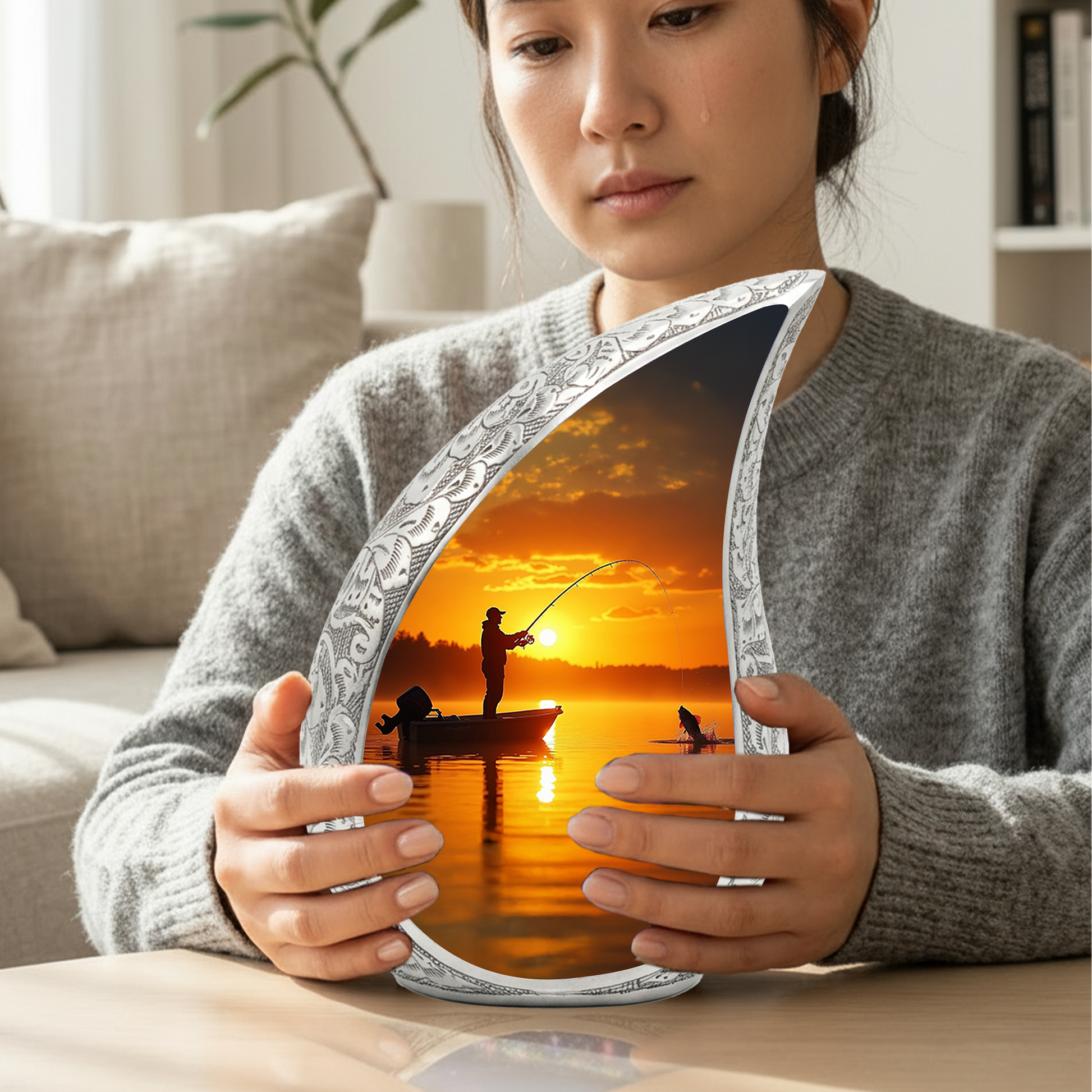 Fishing Personalized Cremation Urn for Dad – Teardrop Style Aluminum Memorial Urn, 10 Inch