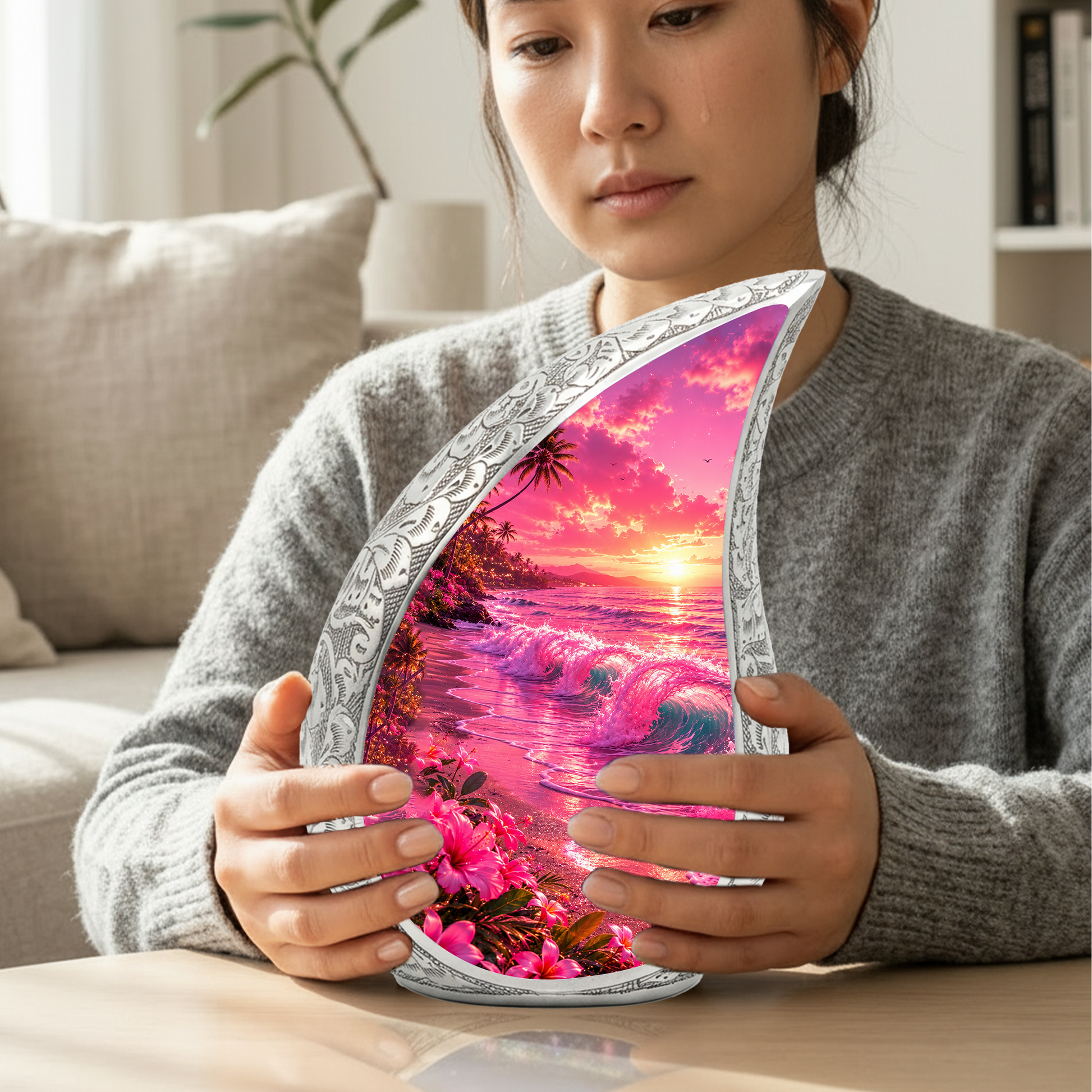 Pink Beach Cremation Urn for Adult Ashes | Beautiful Ocean Wave & Sunset Urn for Mom, Women & Loved Ones