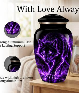 Purple Wolf Cremation Urn for Ashes | Personalized Wolf Memorial Urn | Black Wolf Adult Urn