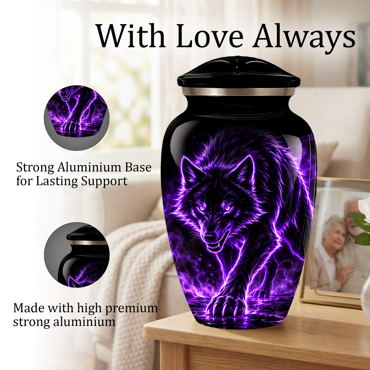 Purple Wolf Cremation Urn for Ashes | Personalized Wolf Memorial Urn | Black Wolf Adult Urn