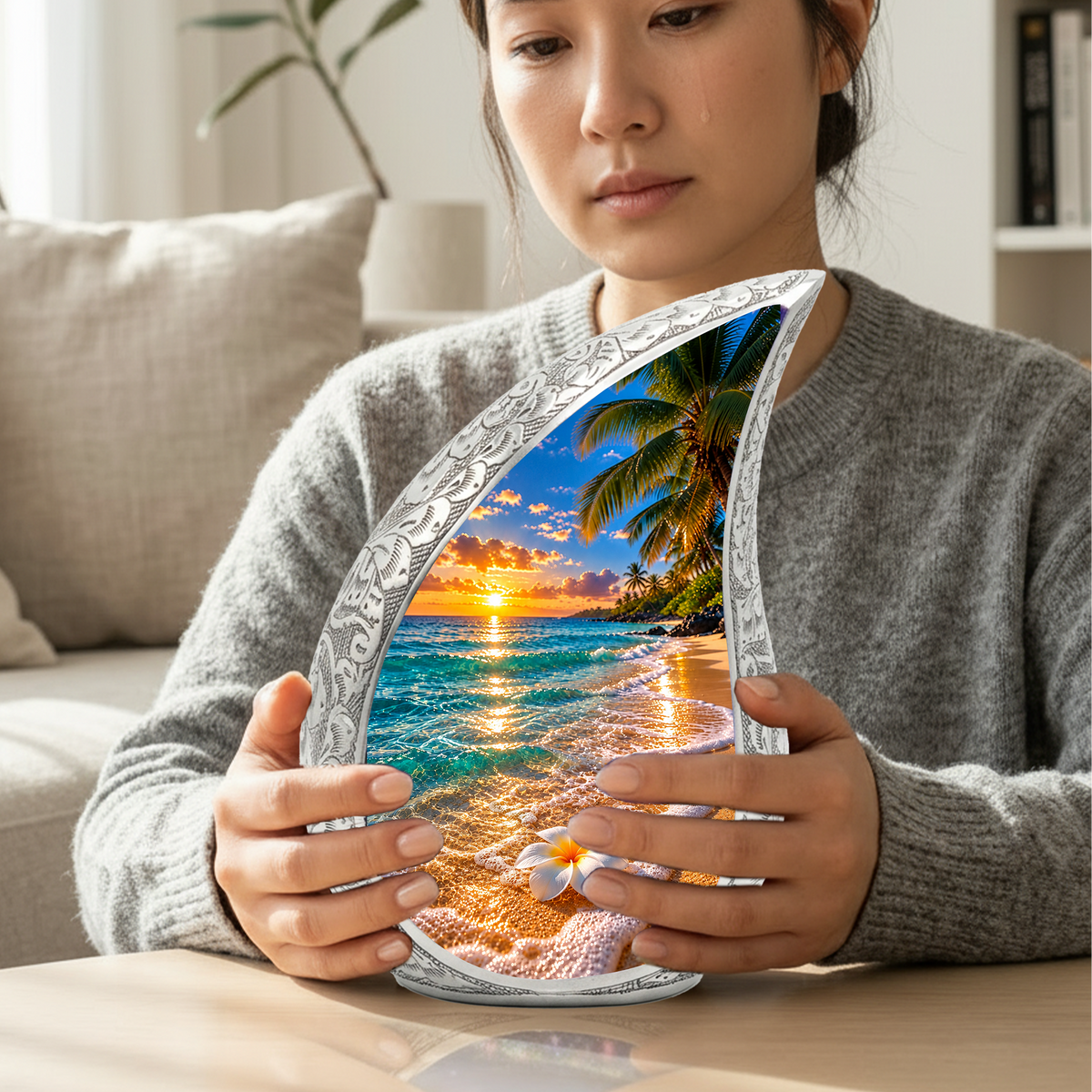 Beach Cremation Urn for Ashes, Tropical Ocean Memorial Urn, Sunset Beach Adult Urn, Personalized Coastal Cremation Urn