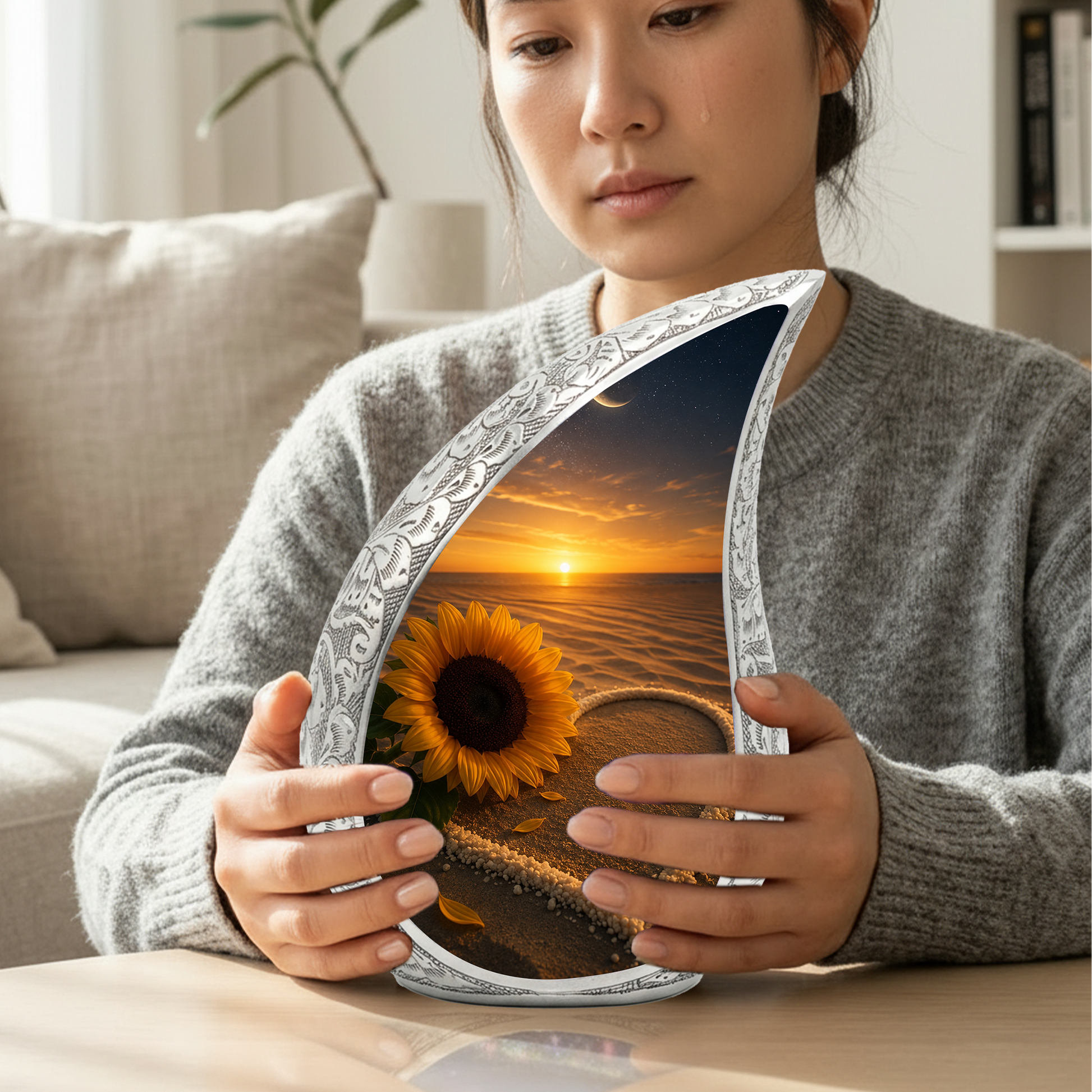 Beach Sunflower Urn for Human Ashes | Adult Cremation Urn with Sunflower & Coastal Design