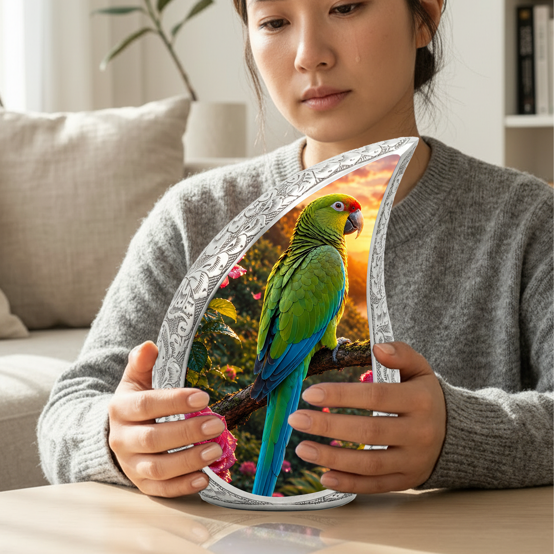 Personalized Parrot Urn for Mom – Forest Urn for Ashes | Cremation Urn for Men & Women