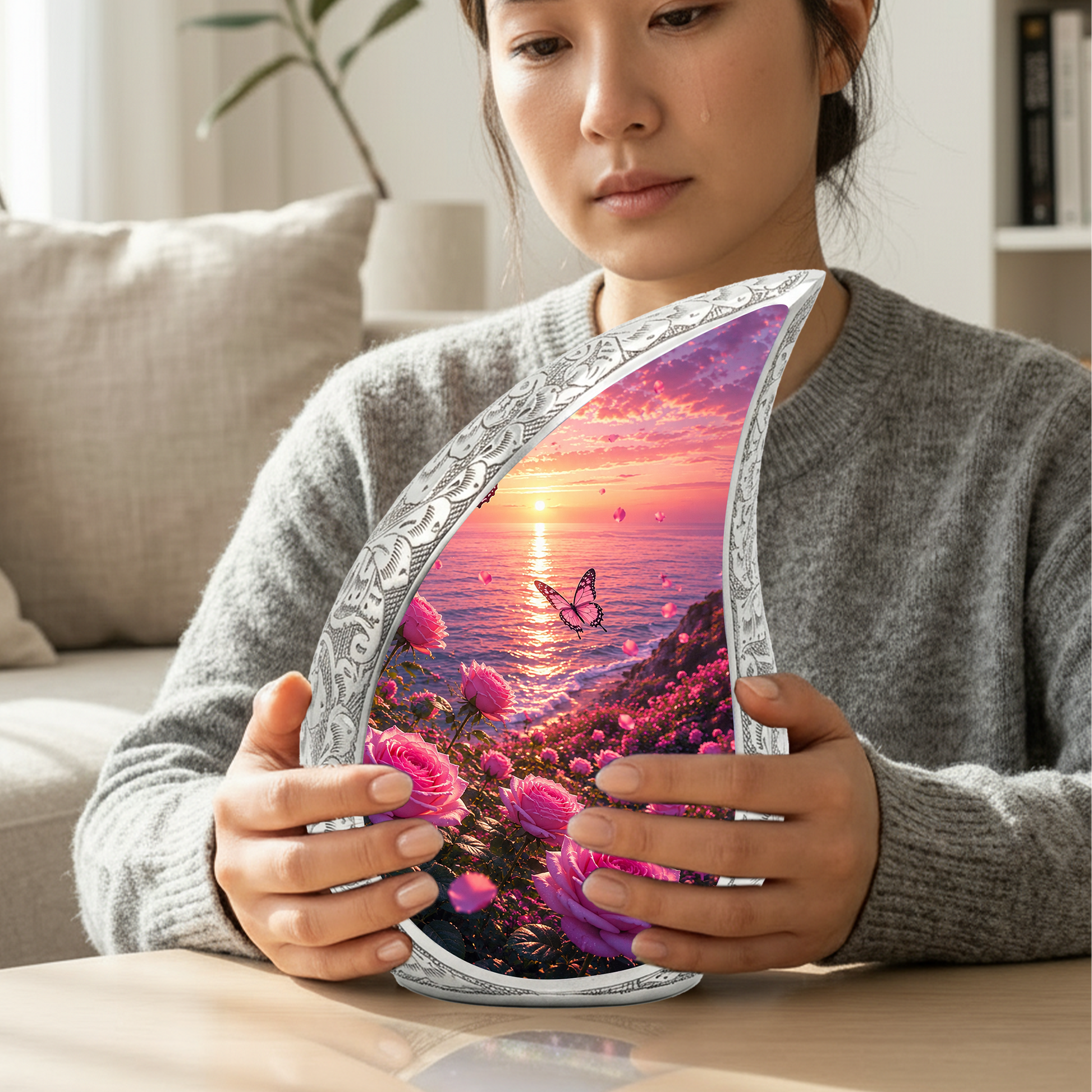 Flower Beach Urn for Mom – Pink Rose Ocean Sunset Cremation Urn for Human Ashes,