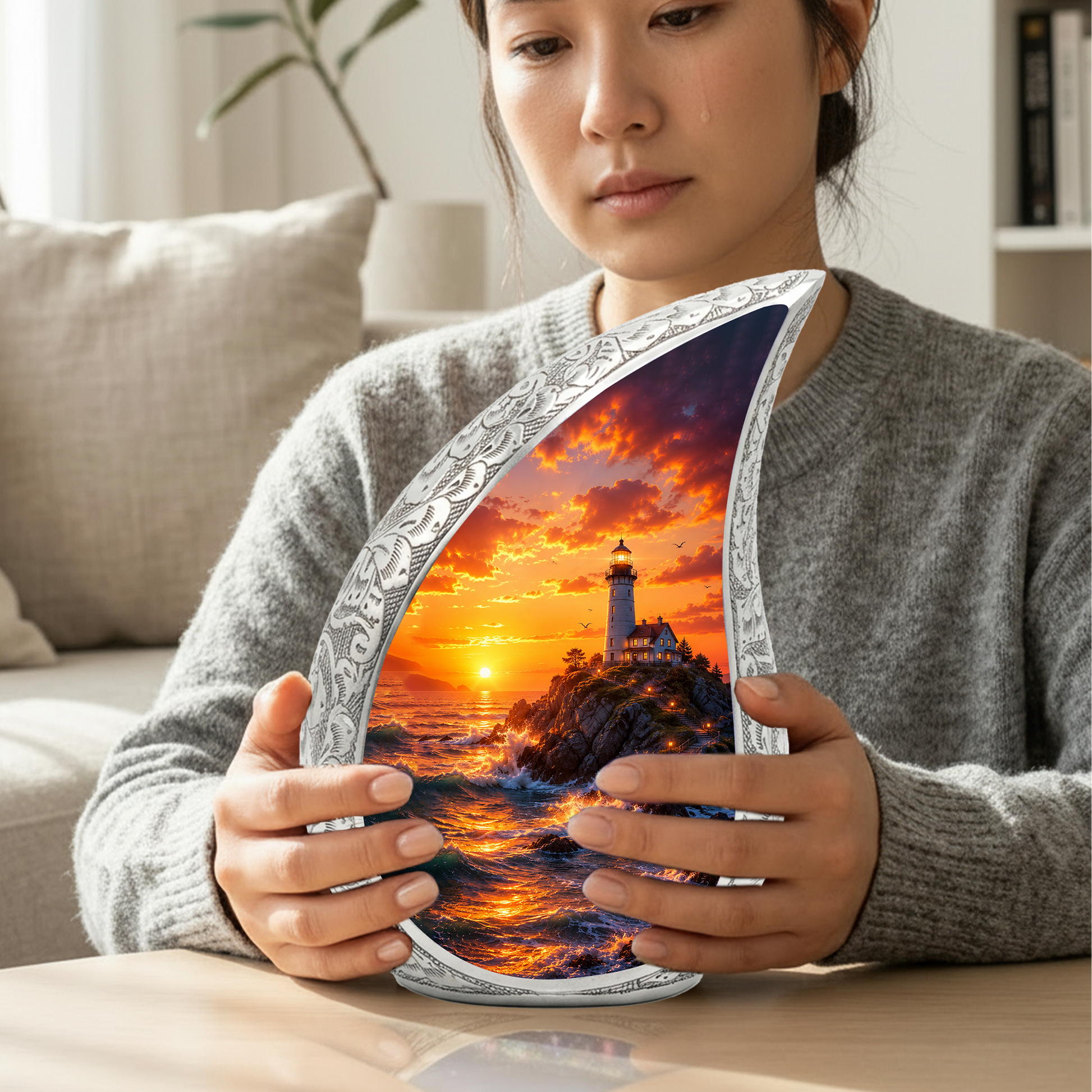 Ocean Sunset Lighthouse Cremation Urn for Human Ashes – Adult Memorial Urn for Dad, Father, Men & Loved Ones