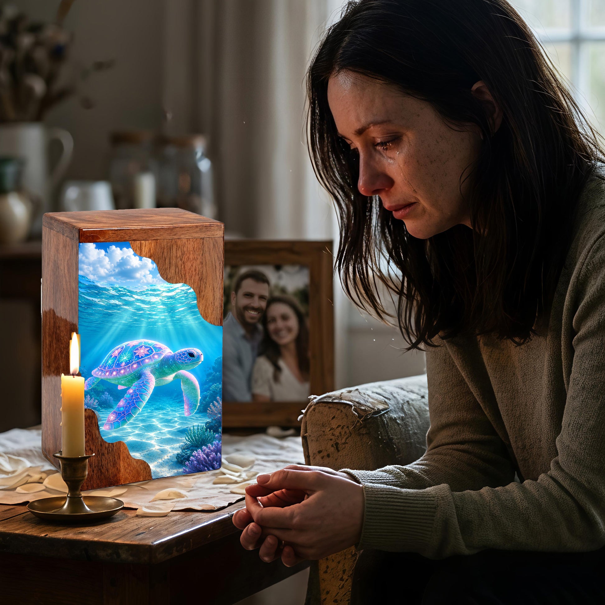 Sea Turtle Wooden Cremation Urn for Human Ashes | Personalized Wooden Urn | Ocean Memorial Urn