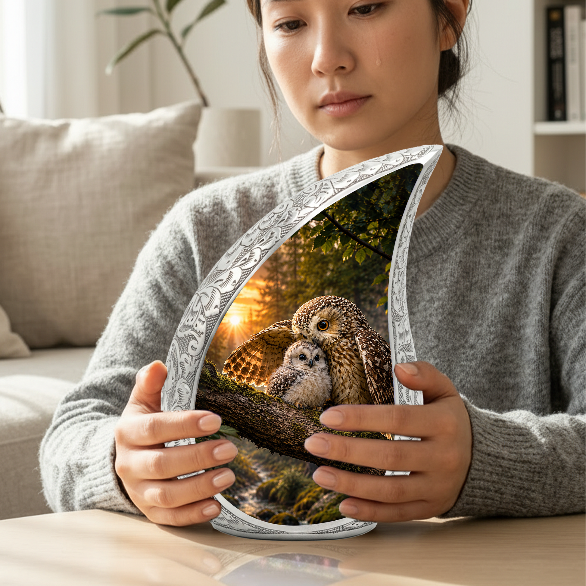 Owl Sunset Urn for Human Ashes | Beautiful Owl Adult Cremation Urn | Wildlife Sunset Memorial Urn