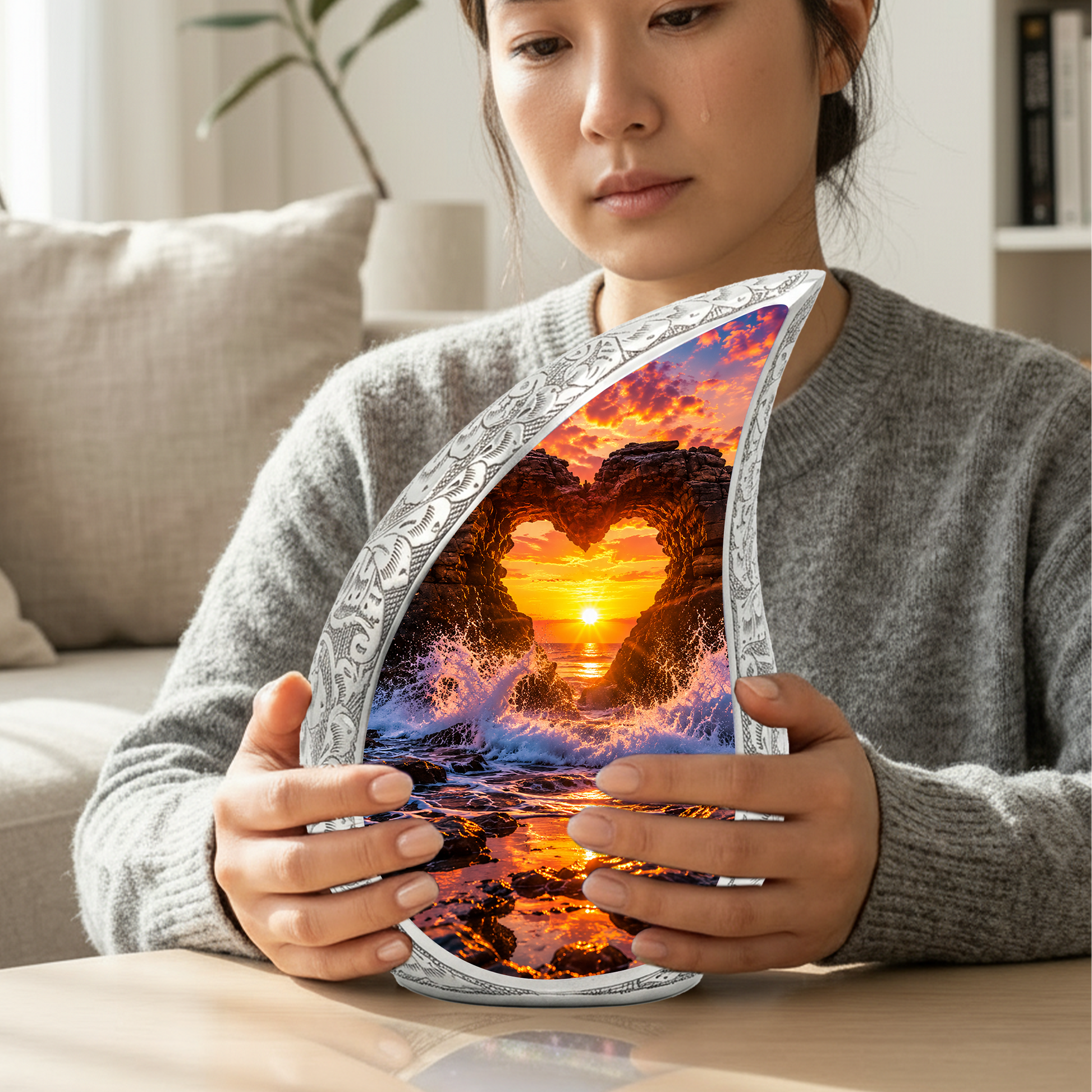 Heart Rock Ocean Sunset Memorial Urn – Personalized Cremation Urn for Human Ashes| Coastal Memorial Keepsake