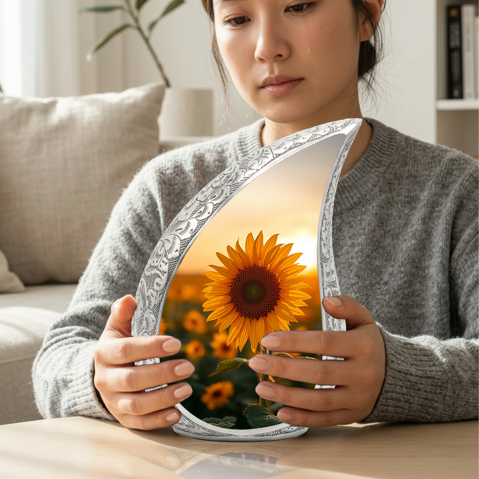 Sunflower Personalized Cremation Urn – Teardrop Style Aluminum Memorial Urn, 10 Inch