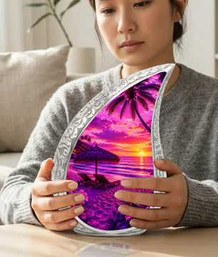 Beach Urns for Human Ashes – Ocean Sunset Beach Themed Cremation Urn, Palm Tree & Ocean Wave Memorial Urn for Mom, Women & Adults