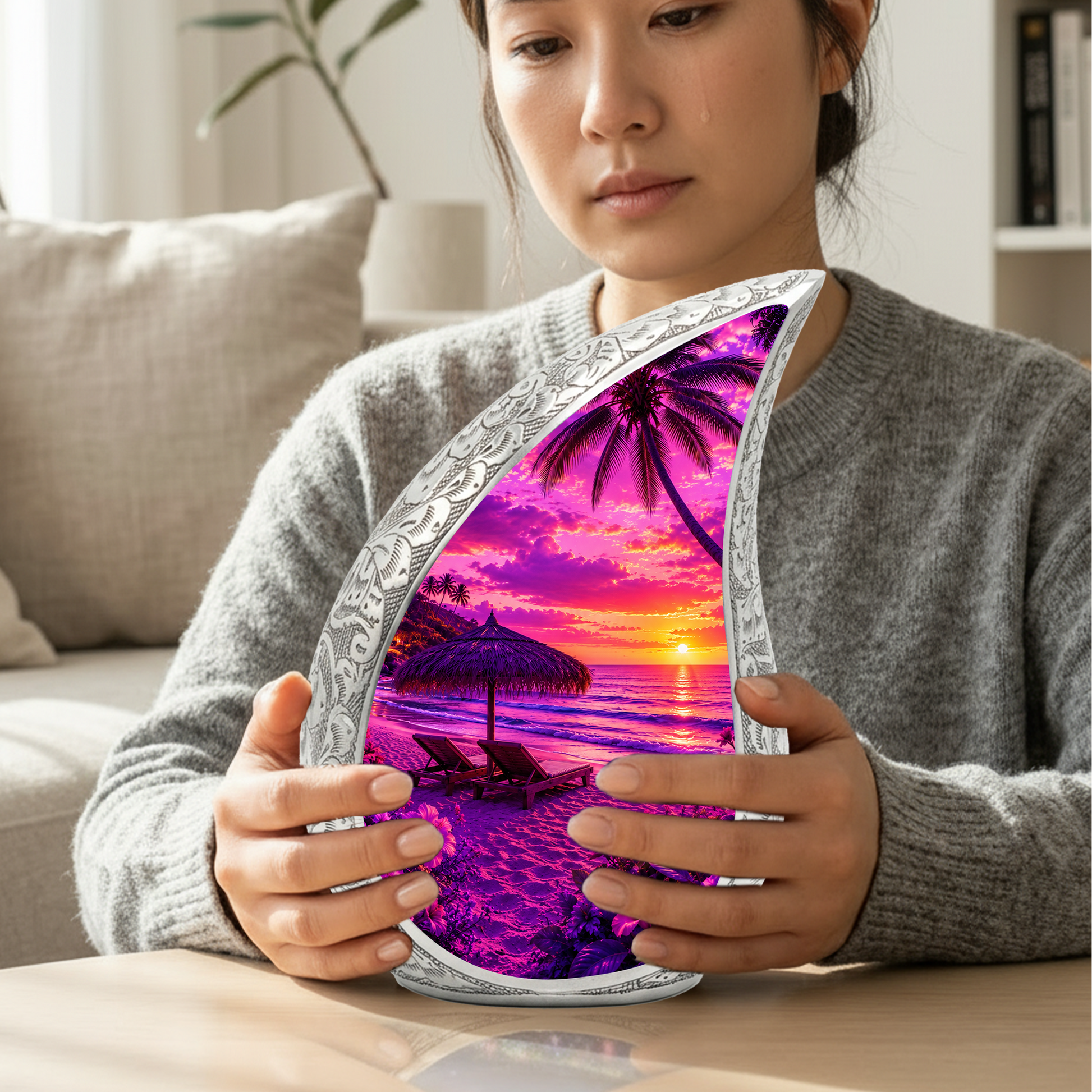 Beach Urns for Human Ashes – Ocean Sunset Beach Themed Cremation Urn, Palm Tree & Ocean Wave Memorial Urn for Mom, Women & Adults