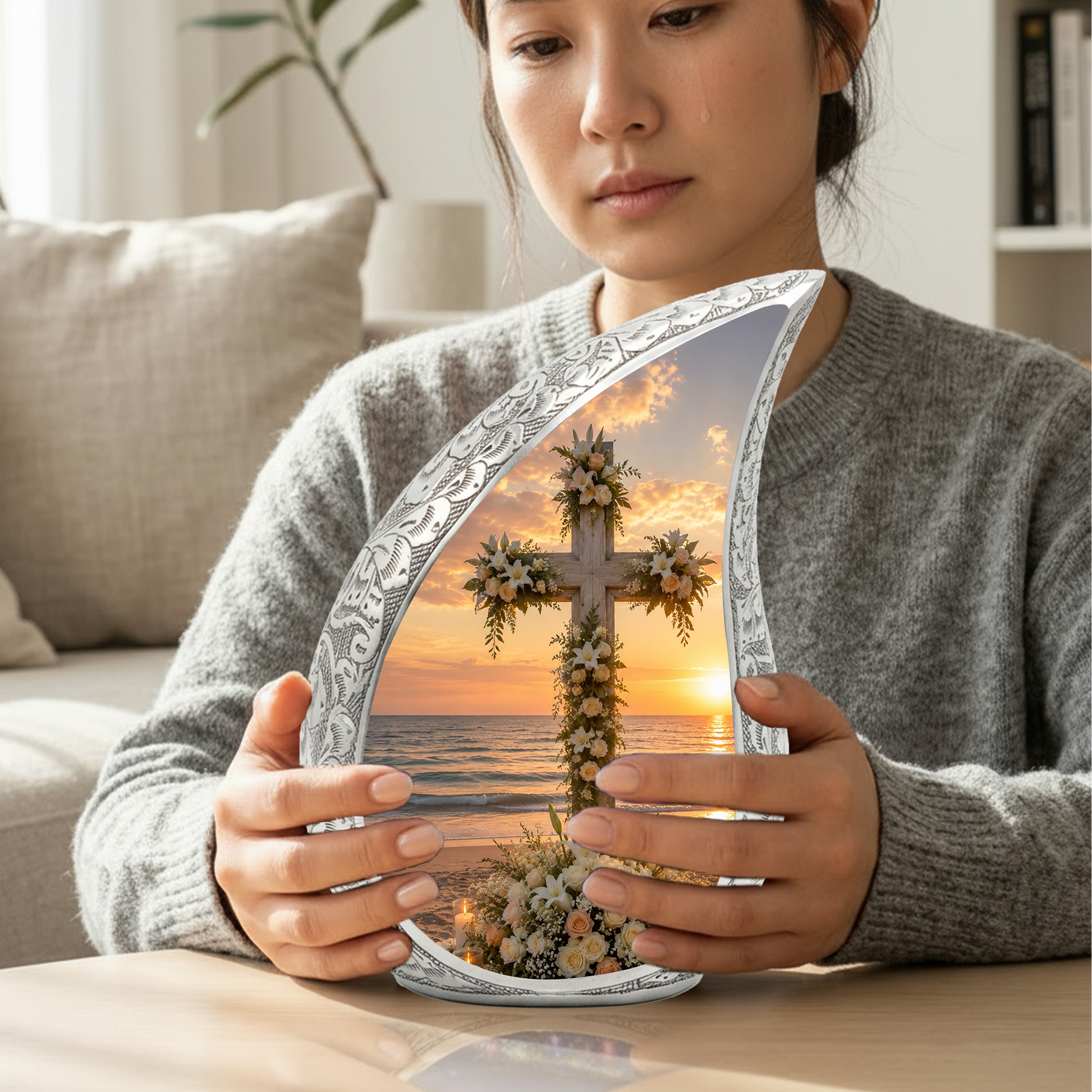 Cross Beach Urn for Human Ashes | Wooden Ocean & Beach Cremation Urn