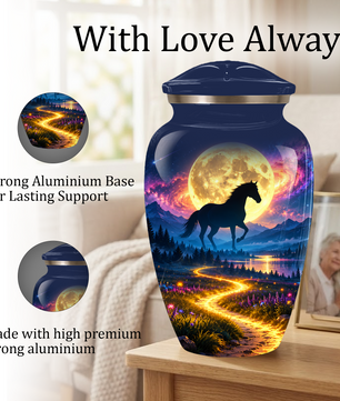 Personalized Adult Cremation Urn for Ashes, Black Horse Under Golden Moon Memorial Urn