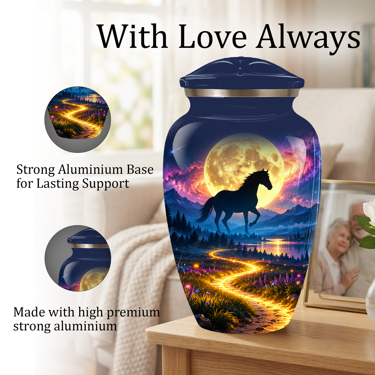 Personalized Adult Cremation Urn for Ashes, Black Horse Under Golden Moon Memorial Urn