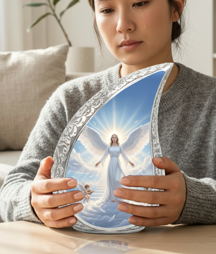 Personalized Angel Cremation Urn – Custom Heavenly Memorial Urn for Ashes, Guardian Angel Teardrop Aluminum Adult Urn, 10 Inch