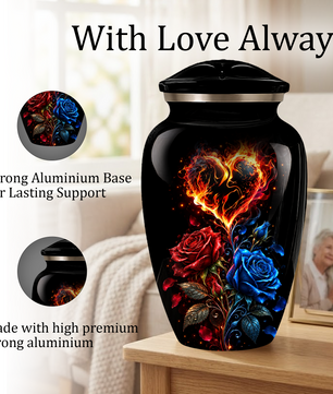 Red & Blue Rose Heart Cremation Urn for Ashes | Personalized Adult Memorial Urn