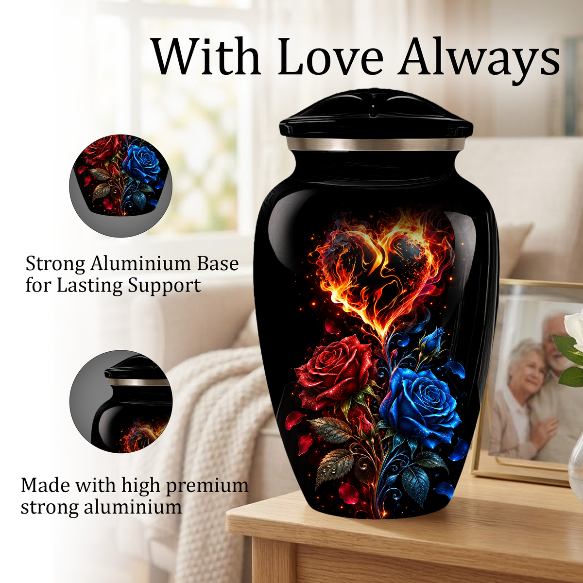 Red & Blue Rose Heart Cremation Urn for Ashes | Personalized Adult Memorial Urn