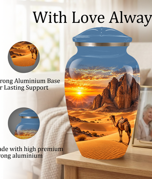Adult Cremation Urn for Ashes, Personalized Desert Camel Aluminum Urn, Sunset Mountain Memorial Urn