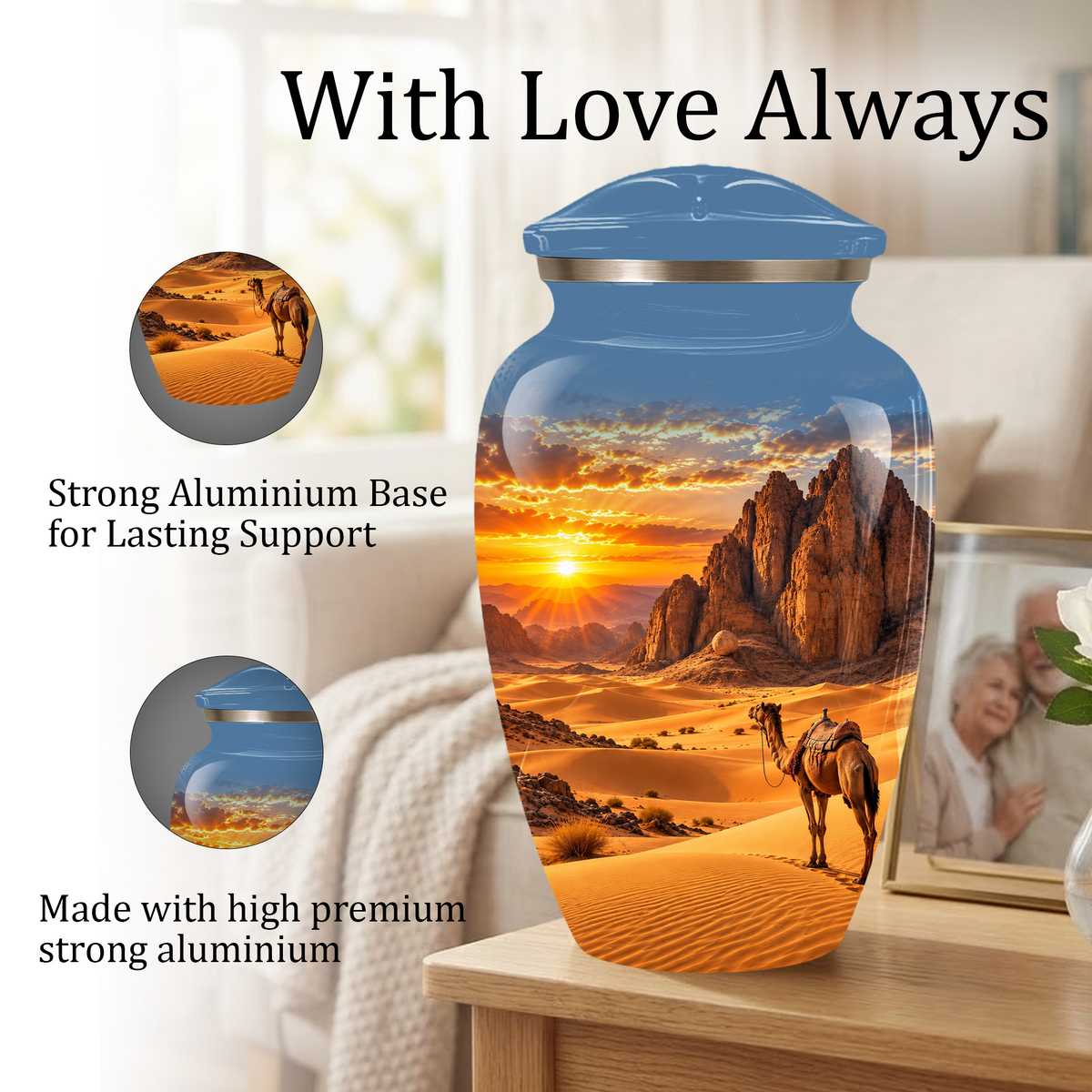 Adult Cremation Urn for Ashes, Personalized Desert Camel Aluminum Urn, Sunset Mountain Memorial Urn