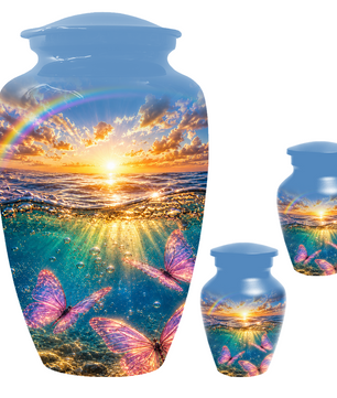 Pink Butterfly Cremation Urn for Women - Rainbow Sunset Memorial Urns for Ashes