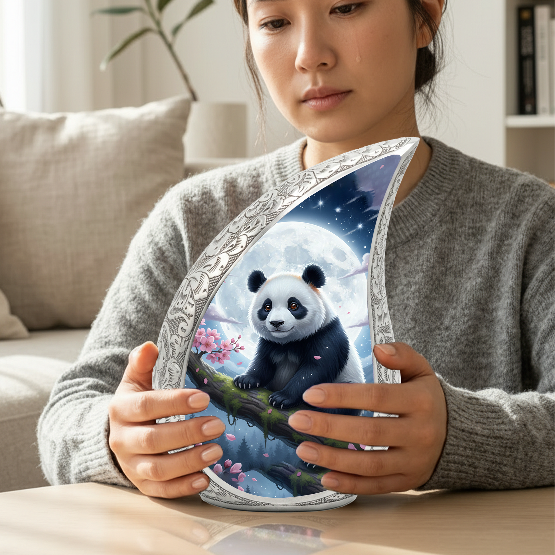 Moonlit Panda Personalized Cremation Urn – Teardrop Style Aluminum Memorial Urn, 10 Inch