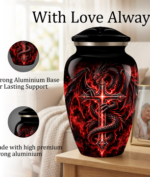 Red Dragon Cremation Urn – Dragon & Cross Adult Memorial Urn for Ashes