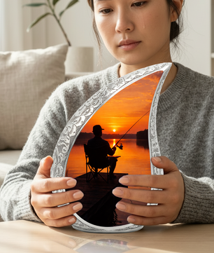 Personalized Fishing Cremation Urn for Dad – Custom Memorial Urn for Ashes, Sunset Lake Teardrop Aluminum Adult Urn, 10 Inch