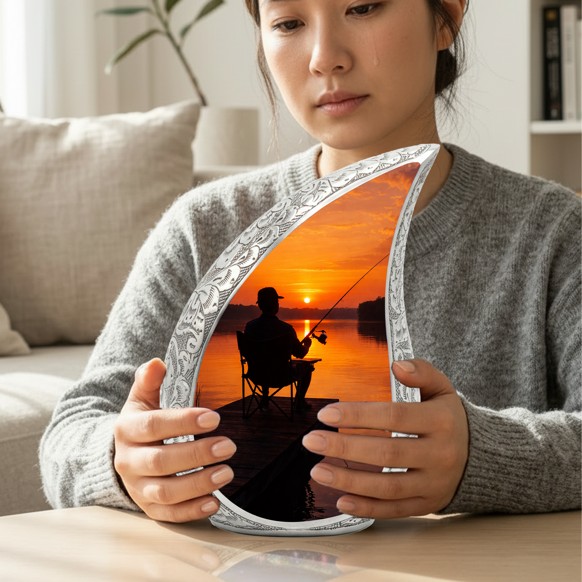 Personalized Fishing Cremation Urn for Dad – Custom Memorial Urn for Ashes, Sunset Lake Teardrop Aluminum Adult Urn, 10 Inch