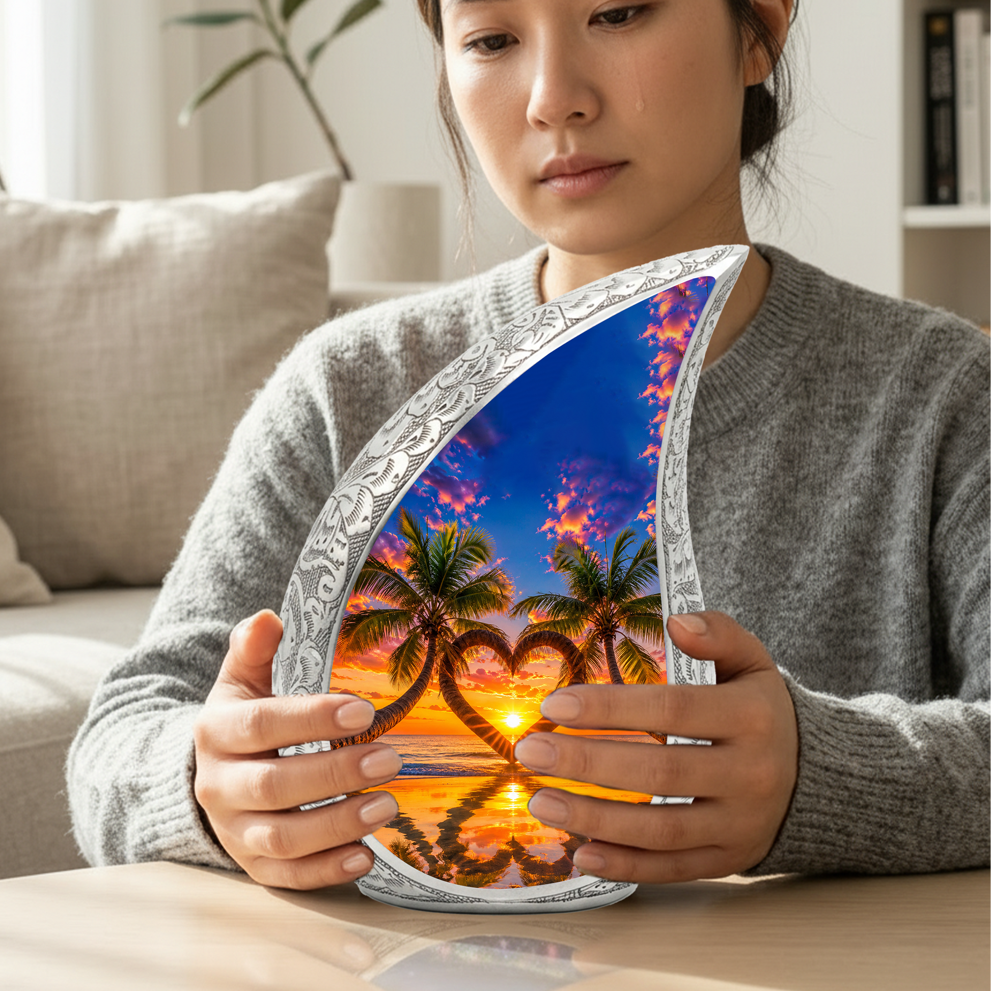Palm Tree Heart Memorial Keepsake Urn for Mom – Personalized Cremation Urn for Human Ashes | Beach Sunset Memorial Urn