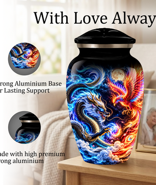 Blue Dragon and Phoenix Cremation Urn for Adult Ashes, Fantasy Bird Memorial Urn