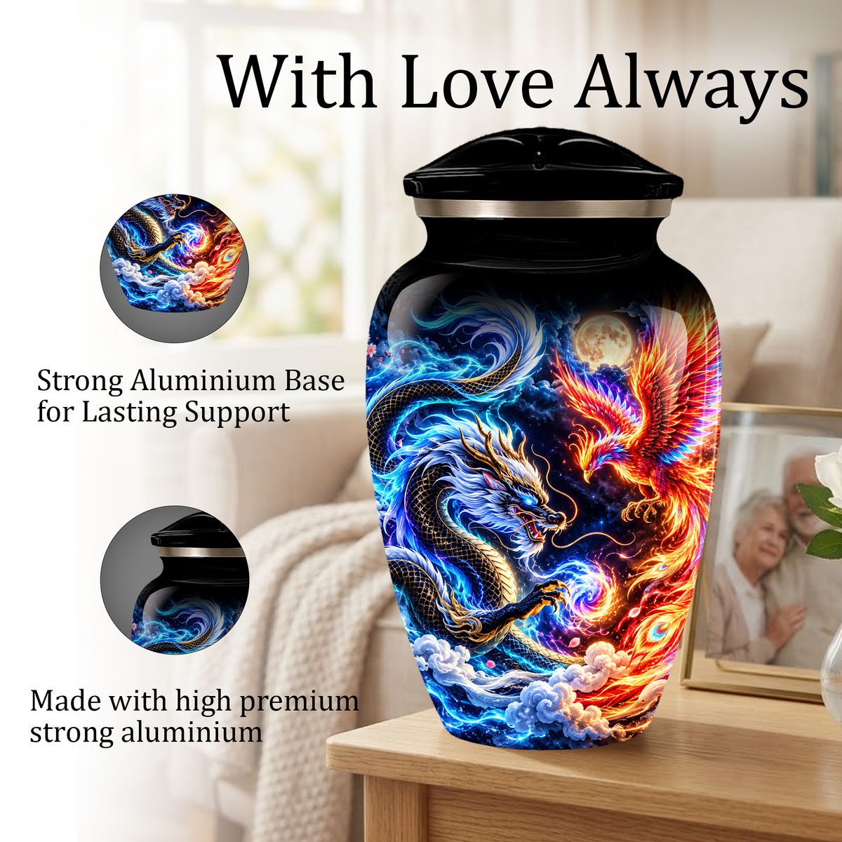 Blue Dragon and Phoenix Cremation Urn for Adult Ashes, Fantasy Bird Memorial Urn