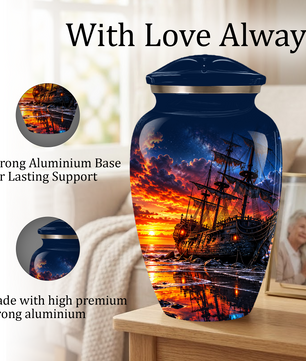Personalized Pirate Ship Cremation Urn for Ashes, Sunset Ship Adult Memorial Urn
