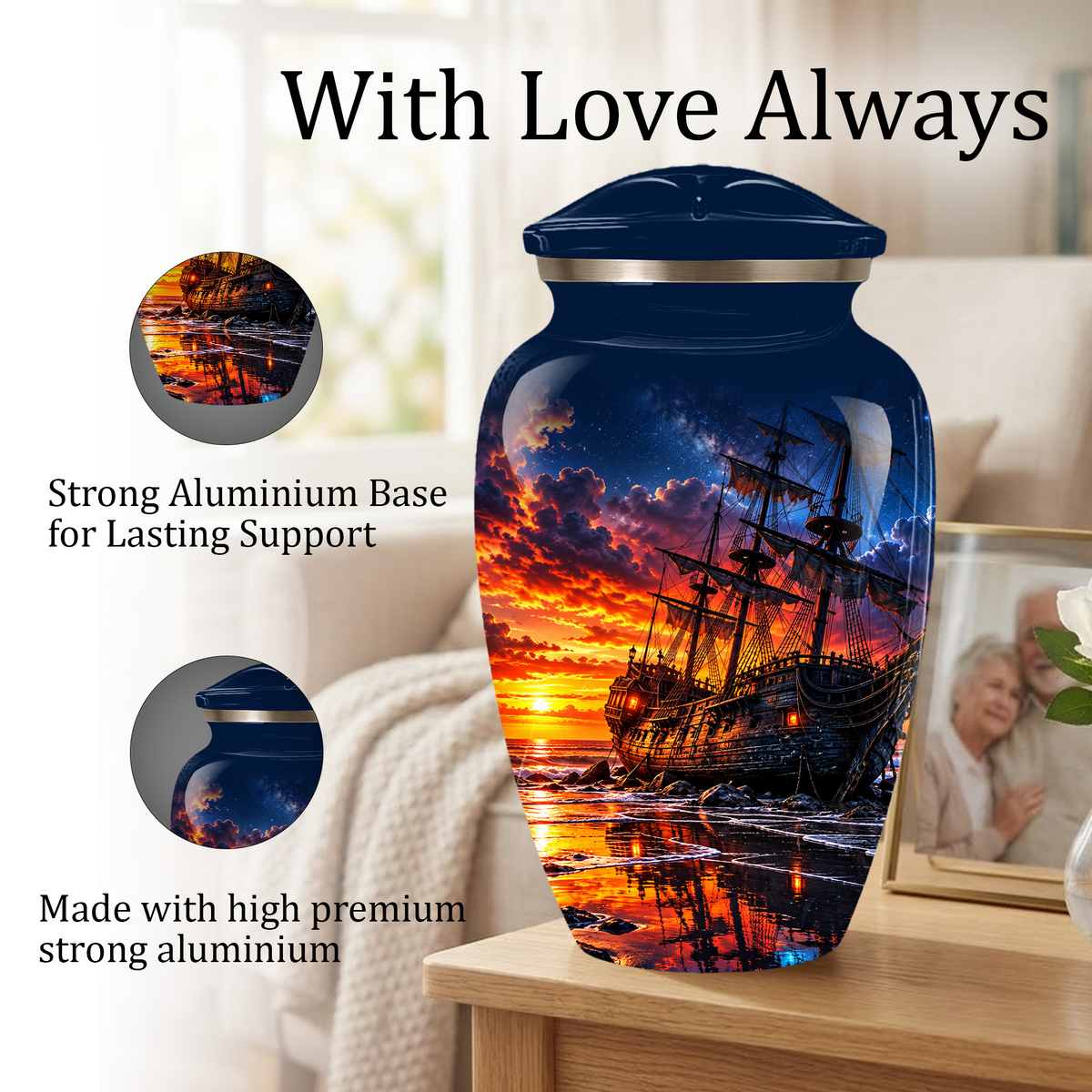 Personalized Pirate Ship Cremation Urn for Ashes, Sunset Ship Adult Memorial Urn