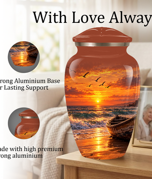 Beach Cremation Urn for Ashes | Ocean Sunset Memorial Urn | Personalized Beach & Ocean Theme Urn