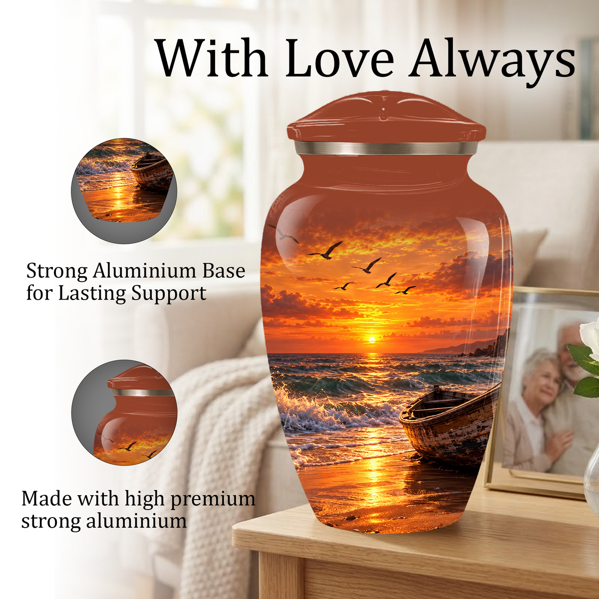 Beach Cremation Urn for Ashes | Ocean Sunset Memorial Urn | Personalized Beach & Ocean Theme Urn
