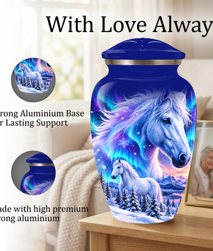 White Horse Cremation Urn for Adult Ashes, Blue Memorial Urn with Snowy Mountain and Northern Lights Artwork