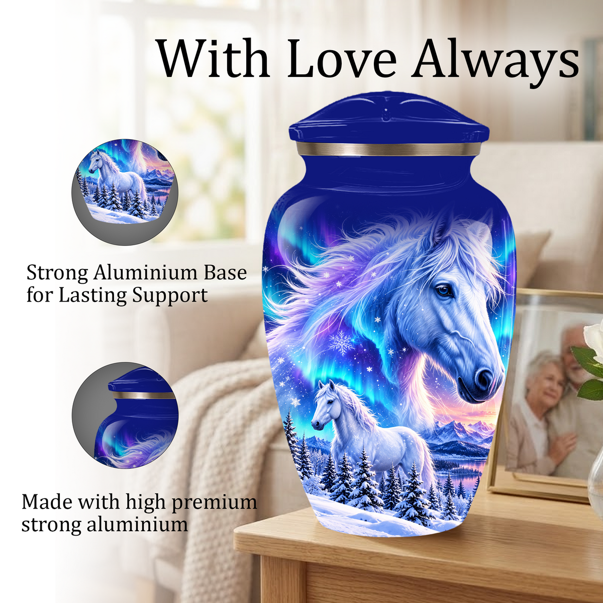 White Horse Cremation Urn for Adult Ashes, Blue Memorial Urn with Snowy Mountain and Northern Lights Artwork