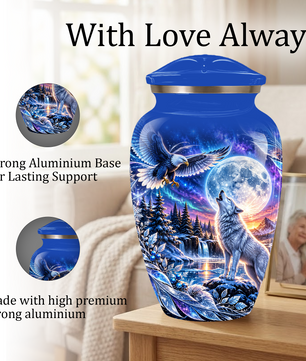 Personalized Adult Cremation Urn for Ashes, Custom Wolf and Eagle Memorial Urn, Blue Moonlight Fantasy Wildlife Design