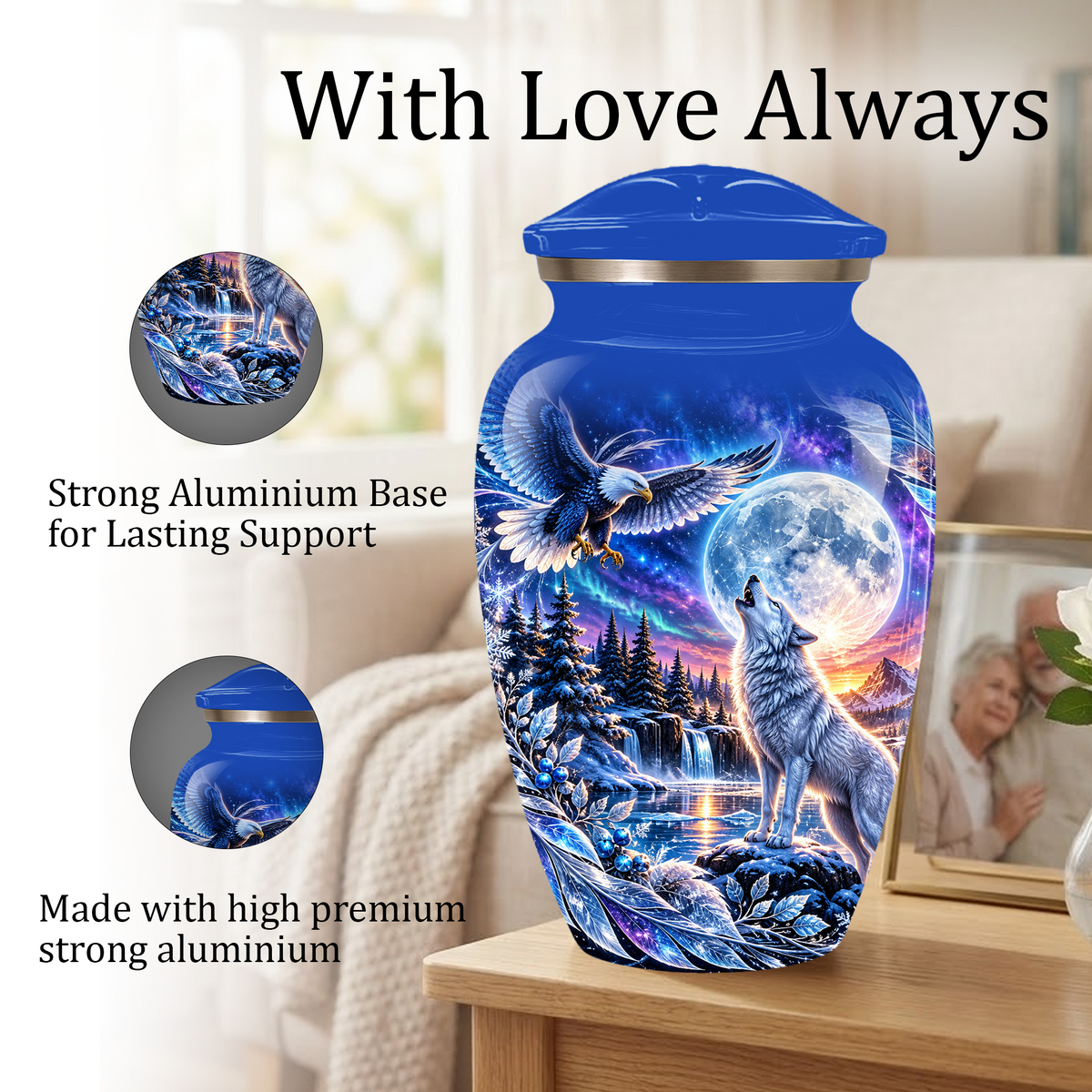 Personalized Adult Cremation Urn for Ashes, Custom Wolf and Eagle Memorial Urn, Blue Moonlight Fantasy Wildlife Design