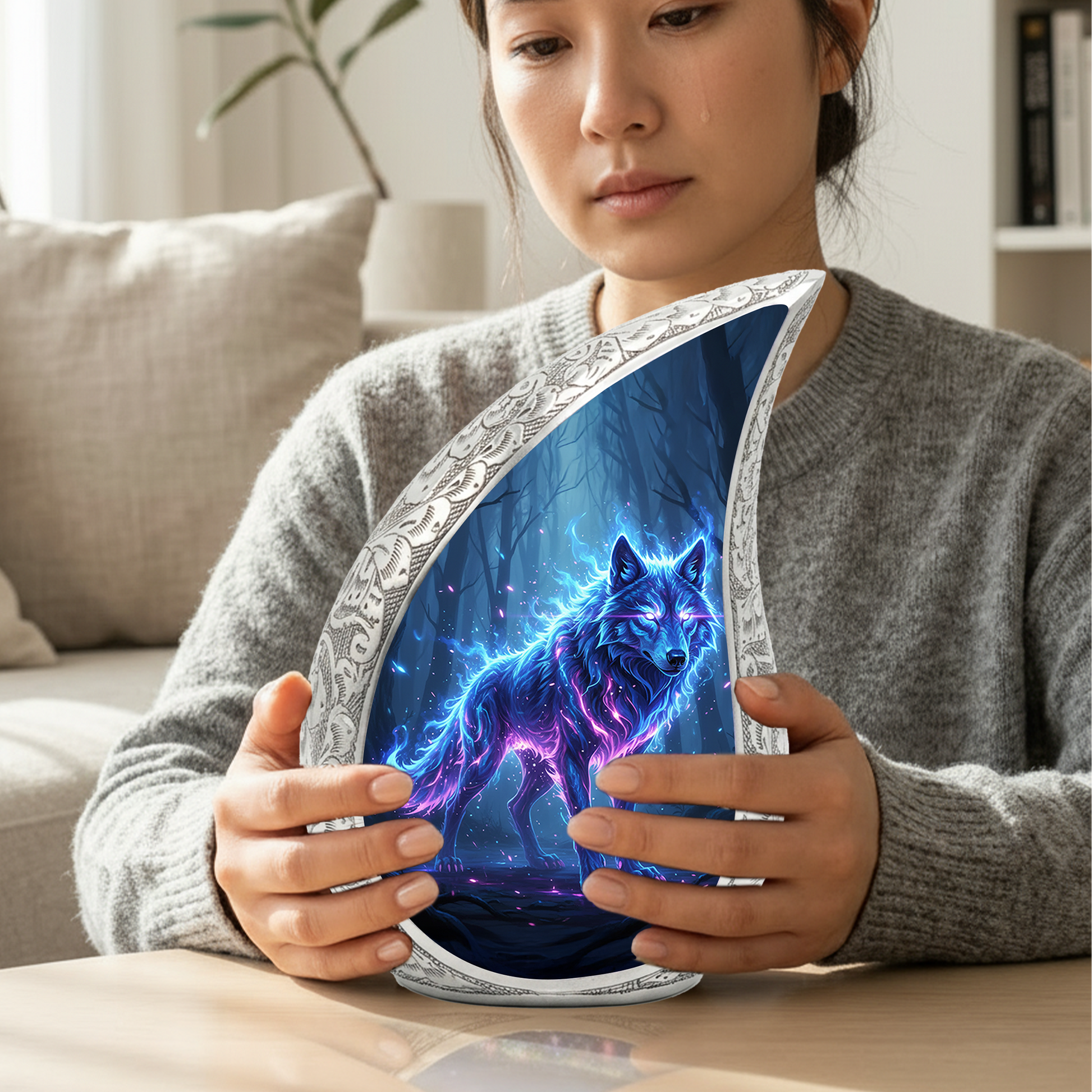 Mystic Wolf Personalized Cremation Urn – Teardrop Memorial Urn for Ashes | 10 Inch Aluminum Adult Urn