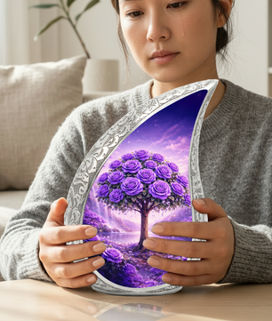 Personalized Purple Rose Cremation Urn – Custom Floral Memorial Urn for Ashes, Tree of Life Teardrop Aluminum Adult Urn, 10 Inch